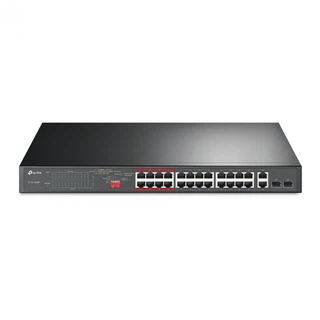 TL-SL1226P 24-портовый 10/100 Мбит/с неуправляемый коммутатор PoE+ с 2 комбо Uplink-портами RJ-45/SFP, металлический корпус, установка в стойку, 24 порта PoE+ стандарта 802.3af/at, 2 гигабитных комбо Uplink-порта RJ-45/SFP (089443) {6}